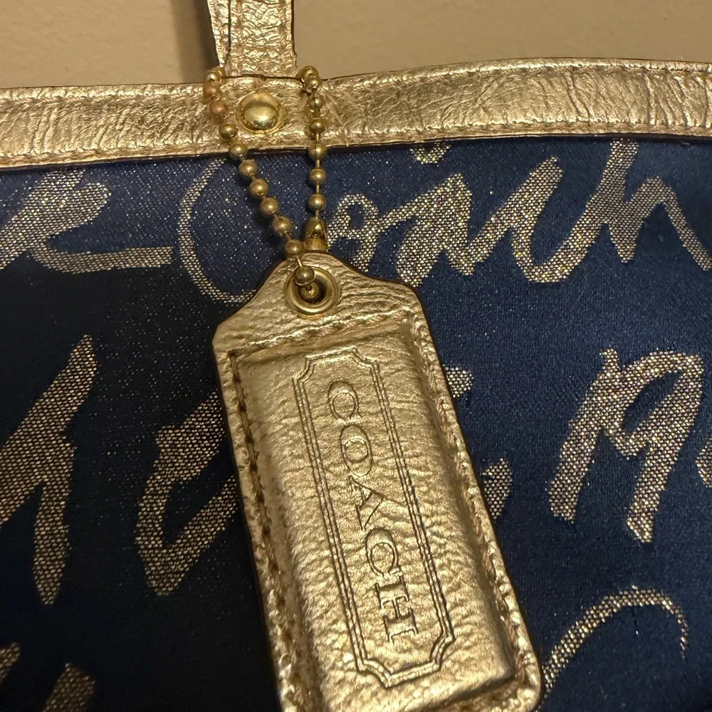 Coach Y2K Blue Gold Script Canvas Tote Shoulder Bag Hearts Charm Zip Top - Picture 2 of 16